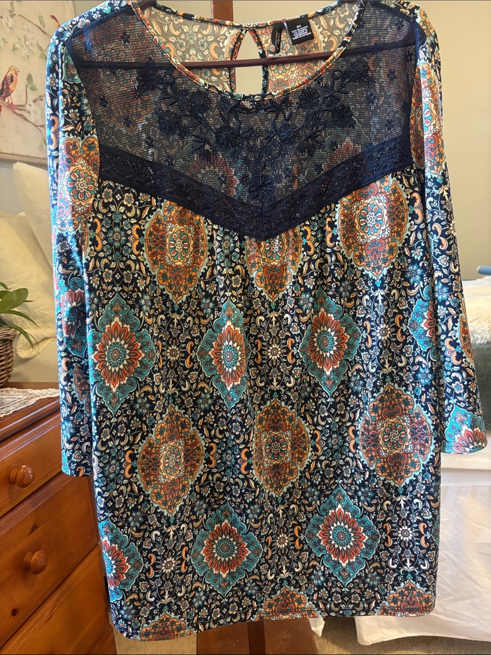 new directions Navy Lace-Yoke Printed Medallion Blouse